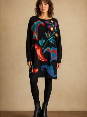Vintage 80-90 Metropolis by Catharine Lover Floral Sweater Tunic Black Size M